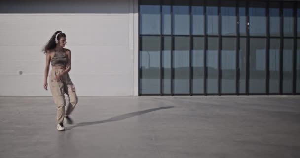 Handgehaltene Aufnahme Einer Weiblichen Ganzkörpertänzerin Die Rückwärts Läuft Und Sich — Stockvideo