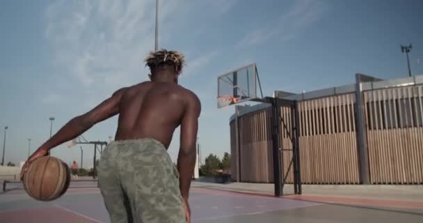 Handheld Shot Anonymous African American Sportsman Dribbling Running Hoop Scoring — Stock Video