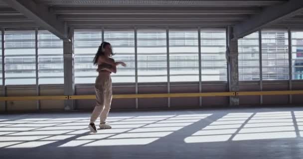Pieno Corpo Giovane Donna Abiti Casual Danza Alla Luce Del — Video Stock