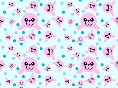 Mavi arkaplanda pembe fok çizgi film karakterlerinin kusursuz deseni.