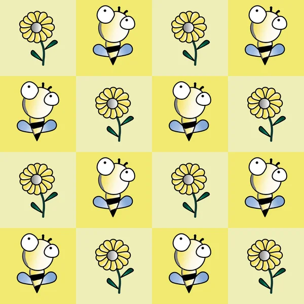 黄色背景下的蜜蜂和花朵卡通人物 — 图库矢量图片