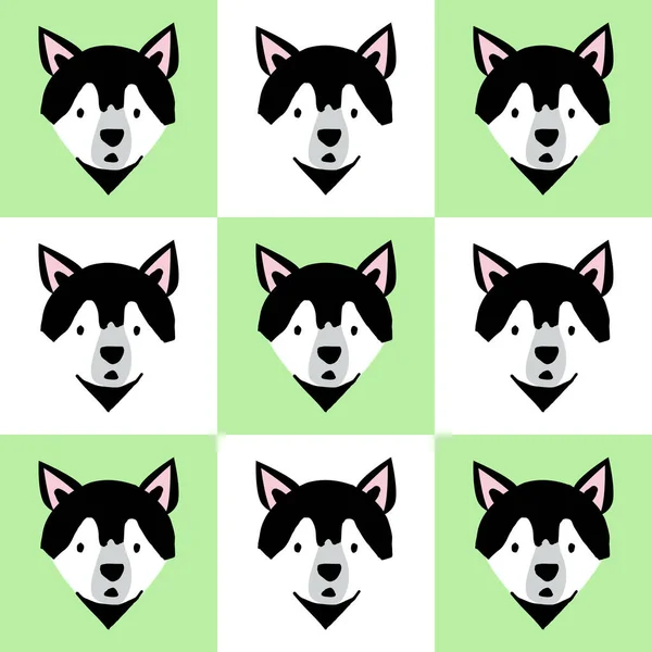 シベリア犬頭漫画のキャラクター上の緑の背景 — ストックベクタ