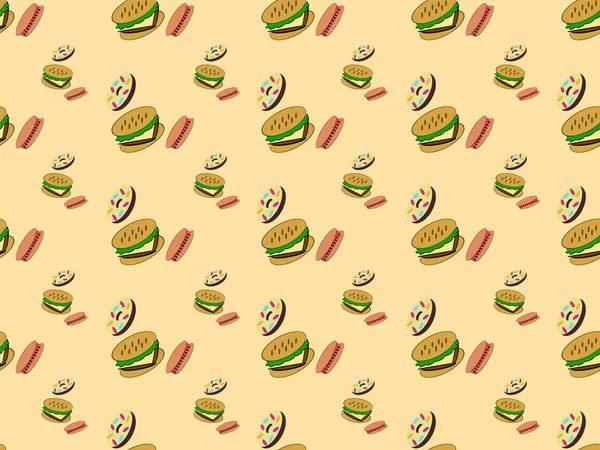 Seamless Pattern Cartoon Characters Donuts Hamburgers Hot Dogs Orange Background — Stock Vector