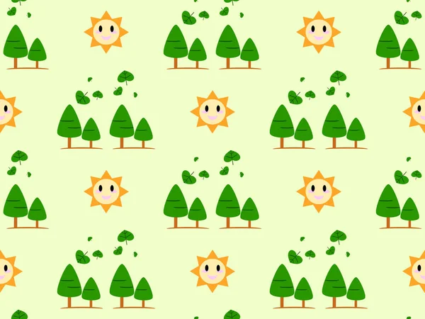 Sol Árvore Desenho Animado Personagem Sem Costura Padrão Fundo Verde — Vetor de Stock