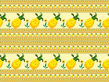 Sarı arka planda kusursuz ananas çizgi film karakteri deseni. Piksel biçimi