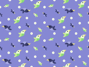 Mor arkaplanda kuş çizgi film karakteri pürüzsüz desen