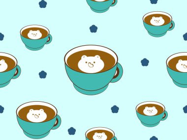 Kahve fincanı çizgi film karakteri mavi arka planda kusursuz desen