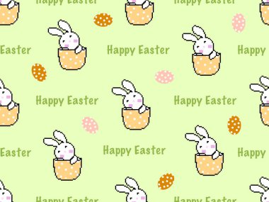 Tavşan çizgi film karakteri, yeşil zeminde kusursuz desen. Piksel tarzı, Paskalya günü.