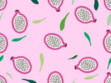 Ejderha meyvesi çizgi film karakteri pembe arka planda kusursuz desen.