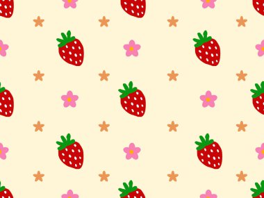 Çilekli çizgi film karakteri sarı arka planda kusursuz desen.