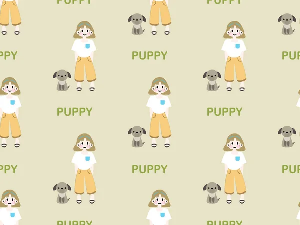 少女と子犬の漫画キャラクターシームレスなパターンで緑の背景 — ストックベクタ