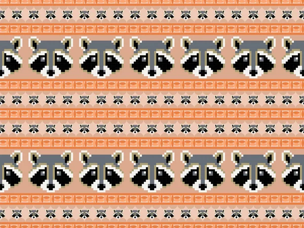 Waschbär Zeichentrickfigur Nahtlose Muster Auf Orangefarbenem Hintergrund Pixelstil — Stockvektor