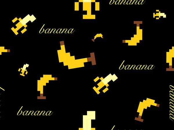 Banana Cartoon Charakter Nahtlose Muster Auf Schwarzem Hintergrund Pixel Stil — Stockvektor