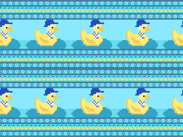 Ente Cartoon Figur Nahtlose Muster Auf Blauem Hintergrund Pixel Stil — Stockvektor