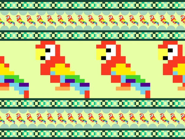 Papegoja Tecknad Karaktär Sömlös Mönster Grön Bakgrund Pixel Stil — Stock vektor