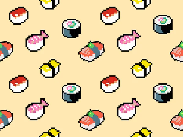 Sushi Desenho Animado Personagem Sem Costura Padrão Amarelo Background Pixel — Vetor de Stock