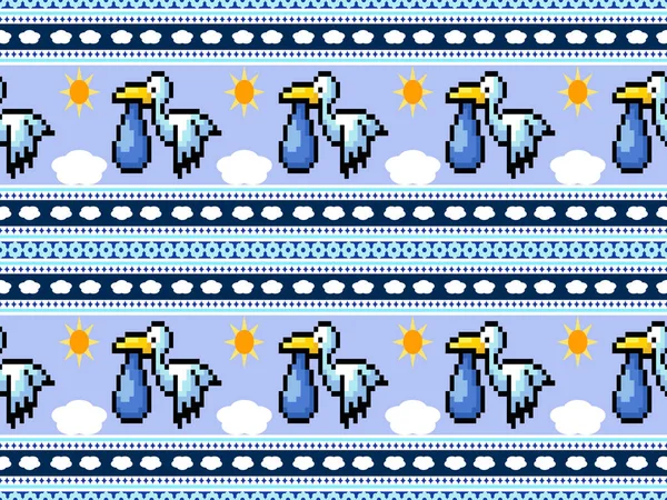Vogel Cartoon Figur Nahtlose Muster Auf Blauem Hintergrund Pixel Stil — Stockvektor