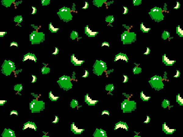 Grön Äpple Tecknad Karaktär Sömlös Mönster Svart Bakgrund — Stock vektor