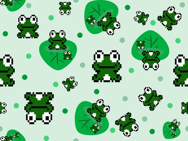Groda Tecknad Karaktär Sömlös Mönster Grön Bakgrund Pixeltyp — Stock vektor