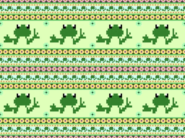 Groda Tecknad Karaktär Sömlös Mönster Grön Bakgrund Pixel Stil — Stock vektor