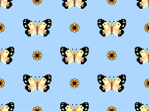 Vlinder Stripfiguur Naadloos Patroon Blauwe Achtergrond Pixel Stijl — Stockvector