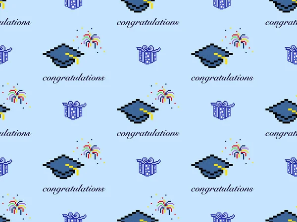 卒業帽子漫画のキャラクターシームレスパターン上の青の背景 — ストックベクタ