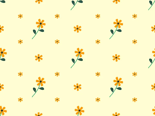 黄色の背景に花の漫画のキャラクターシームレスパターン — ストックベクタ