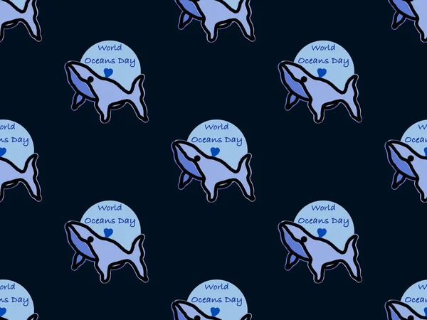 Whale cartoon character seamless pattern on blue background.