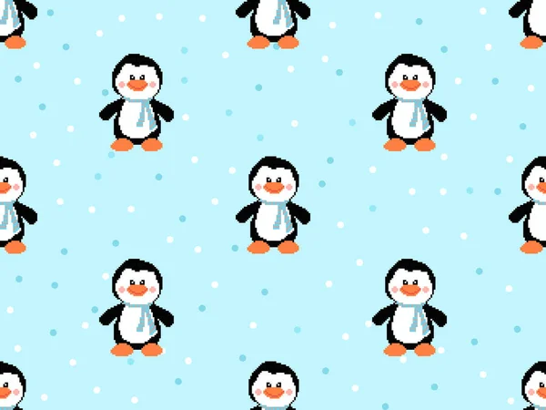 Penguin cartoon character seamless pattern on blue background.
