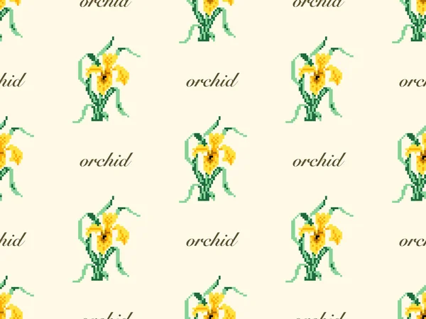 Orchidea Rajzfilm Karakter Zökkenőmentes Minta Sárga Háttér — Stock Vector