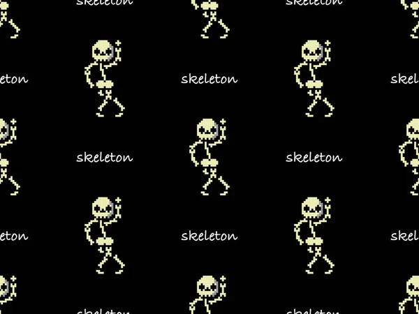 Skeleton cartoon character seamless pattern on black background.