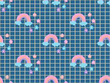 Gökkuşağı çizgi film karakteri mavi arkaplanda kusursuz desen. 