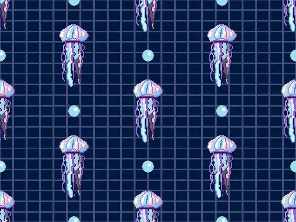 Jellyfish cartoon character seamless pattern on blue background.
