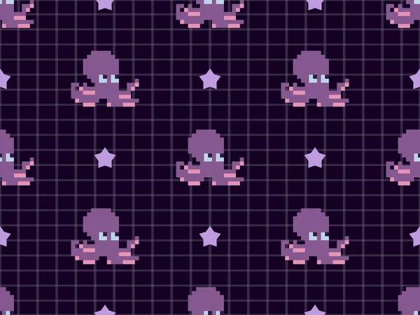 Octopus cartoon character seamless pattern on purple background.