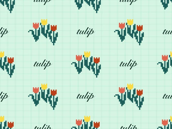 Tulip cartoon character seamless pattern on green background.
