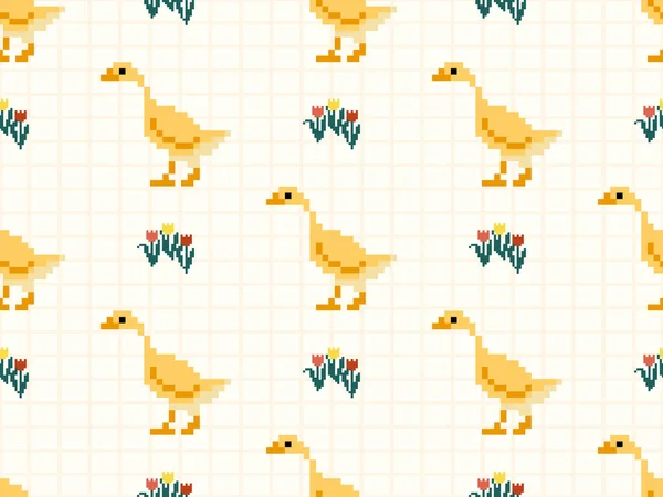 Duck cartoon character seamless pattern on yellow background.