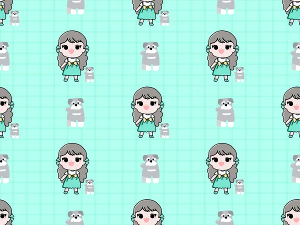 Girl Cartoon Character Seamless Pattern Green Background — Stok fotoğraf