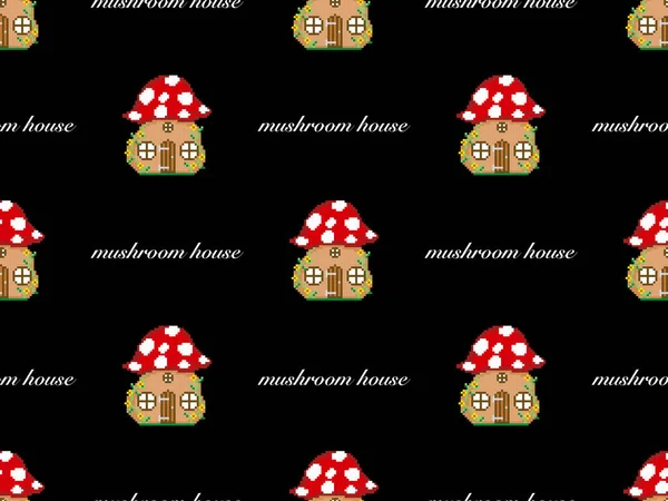 Mushroom House Cartoon Character Seamless Pattern Black Background — Fotografia de Stock