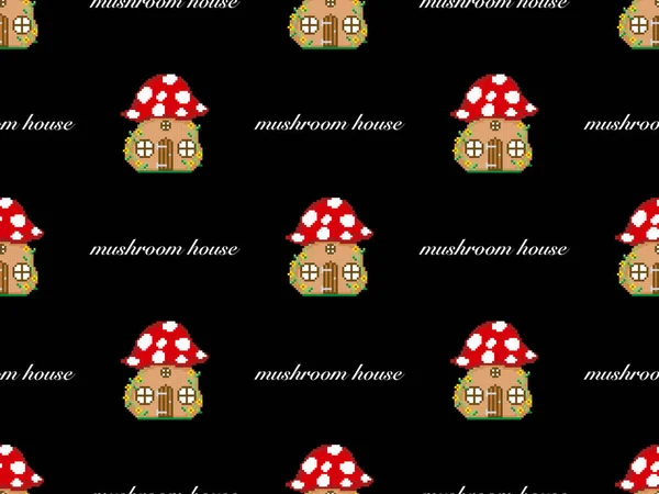 Mushroom house cartoon character seamless pattern on black background