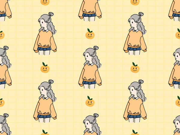 Girl Cartoon Character Seamless Pattern Yellow Background —  Fotos de Stock