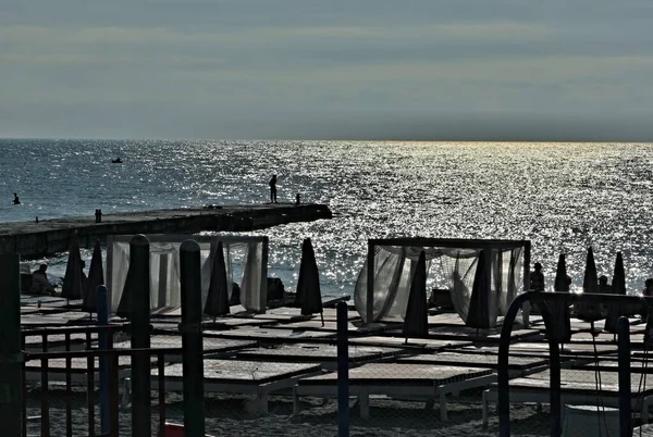 Una Hermosa Vista Una Playa Con Puente Madera — Foto de Stock