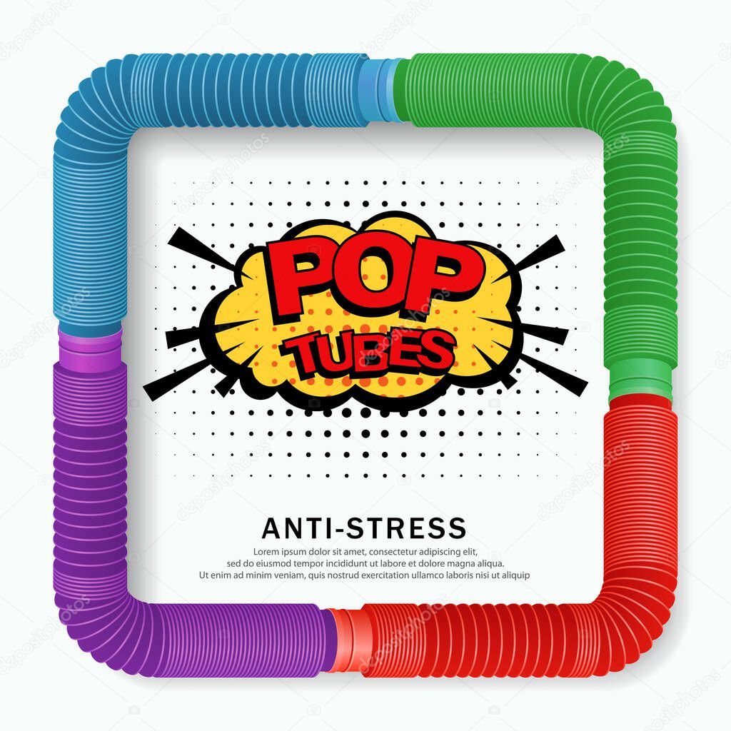 Banner with colorful anti stress sensory pop tube plastic toy. Fashionable modern sensory toy of 2021. Vector illustration
