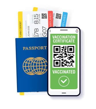 Covid-19 bağışıklık pasaport uygulaması. Serbest dolaşım ve seyahat için uluslararası dijital aşı sertifikası. Qr kod test sonuçlu akıllı telefon, pasaport ve bilet.