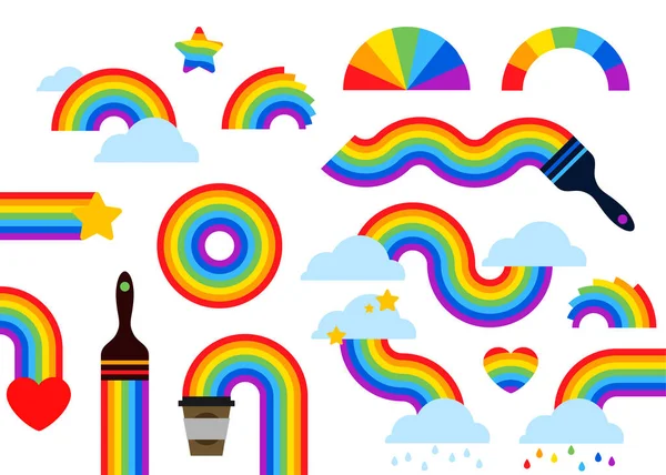 Set Van Kleurrijke Regenbogen Sterren Wolken Met Regenboogkleuren Staart Grote — Stockvector