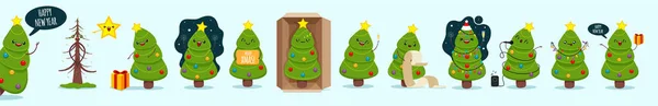 Mega Conjunto Lindos Árboles Navidad Felices Con Diferentes Emociones Expresiones — Vector de stock