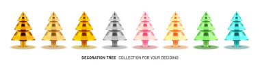 Büyük bir vektör seti çok renkli Noel ağaçları. Altın, pembe, yeşil, altın, turkuaz ve gri Noel ağaçlarından koleksiyon. Dekoratif keskin koni şekilleri. Xmas nesnesi beyaz arkaplanda izole edildi