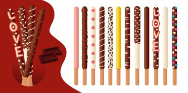 Çeşit çeşit Pepero aromalı çikolatalı kurabiye çubukları. Kore etkinliği Pepero Günü 11 Kasım.