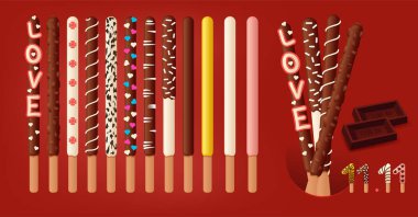 Çeşit çeşit Pepero aromalı çikolatalı kurabiye çubukları. Kore etkinliği Pepero Günü 11 Kasım.
