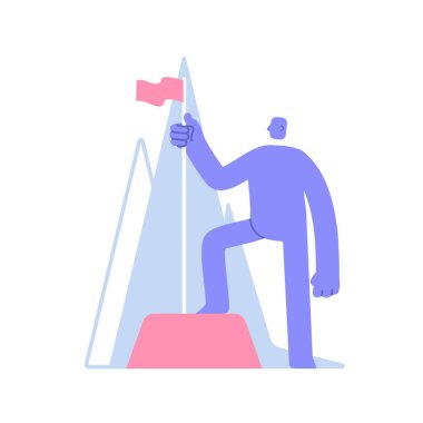 Flat modern character with flag on a top of the mountain. At the peak of success. Business Concept illustration with man taking part in business activities. Vector illustration