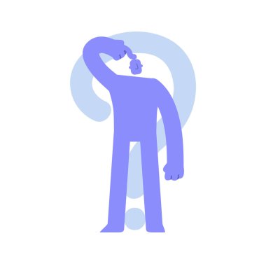 Düz modern karakter soruyla şaşkına döndü. Cevapları aramak, sorunları çözmek, endişelenmek düşüncelerde kaybolmak. İş kavramı illüstrasyonunda bir erkeğin iş faaliyetlerine katılması